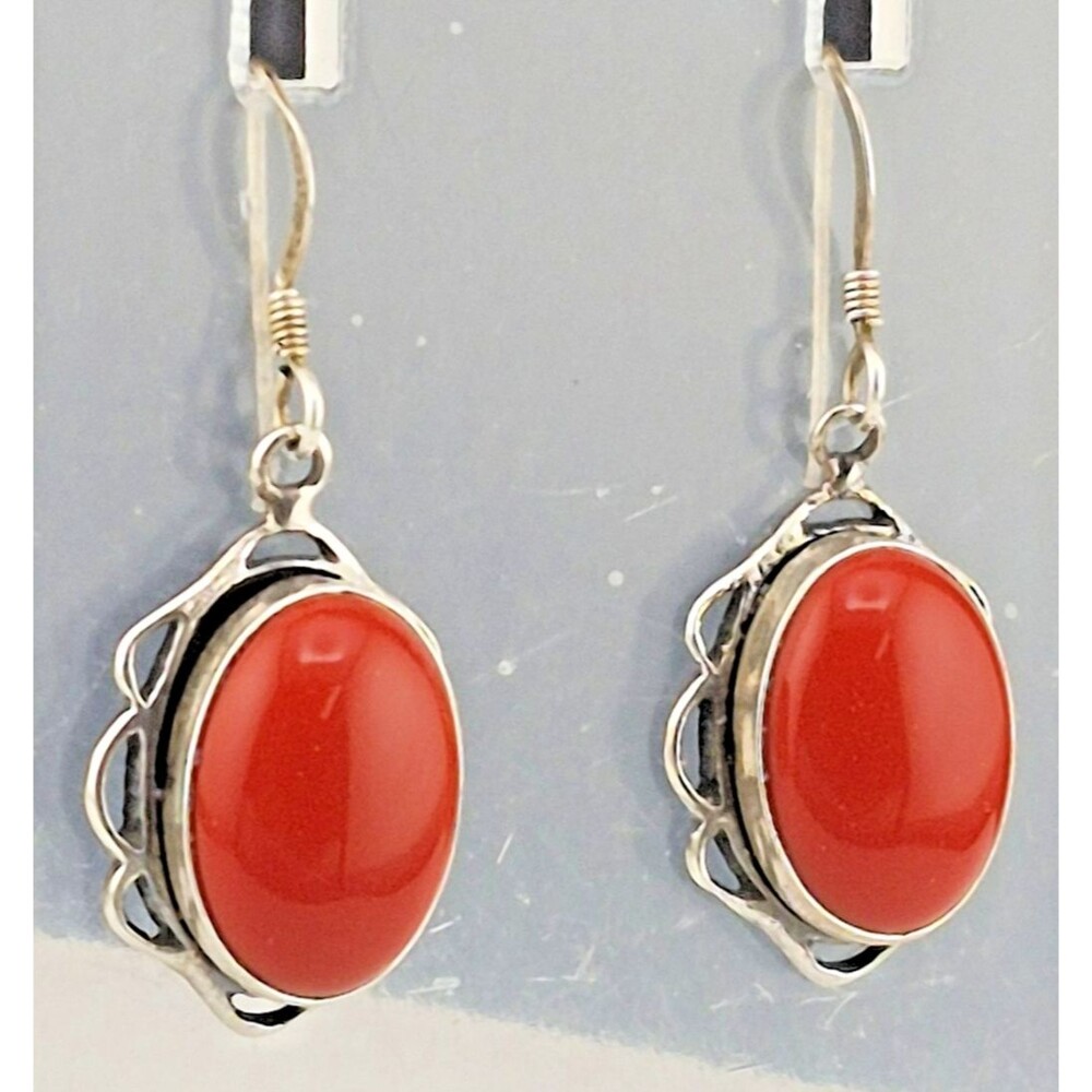 Western Red Glass Sterling Silver Filigree Frame Dangle Drop Pierced Earrings